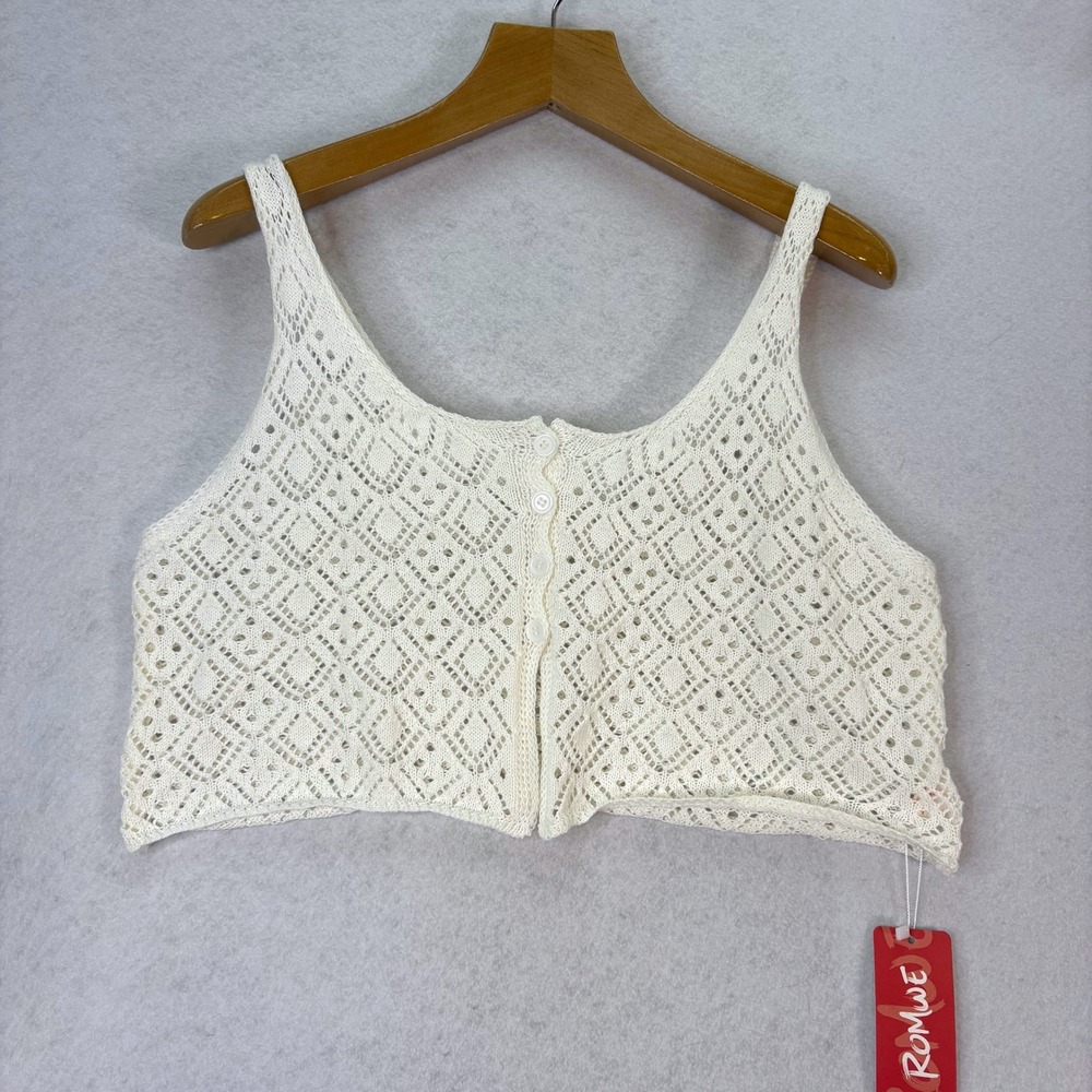 NWT Romwe Cream White Crochet Knit Button Up‎ Crop Tank Top Boho Festival Hippie